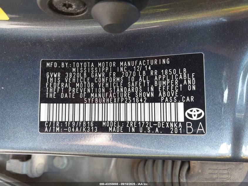 2015 Toyota Corolla Le Plus VIN: 5YFBURHEXFP251642 Lot: 43255888