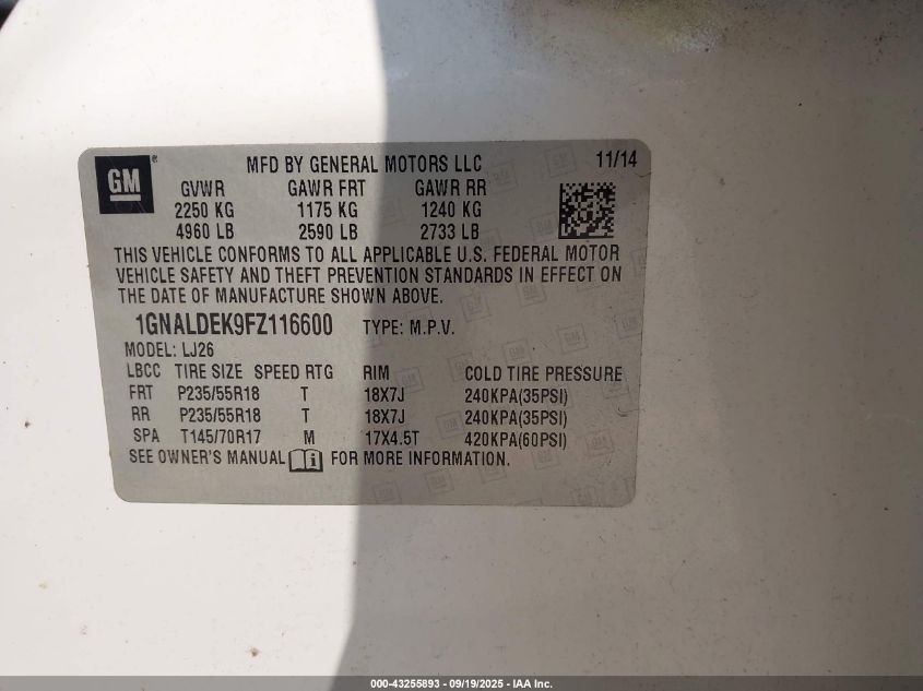 2015 Chevrolet Equinox Ltz VIN: 1GNALDEK9FZ116600 Lot: 43255893