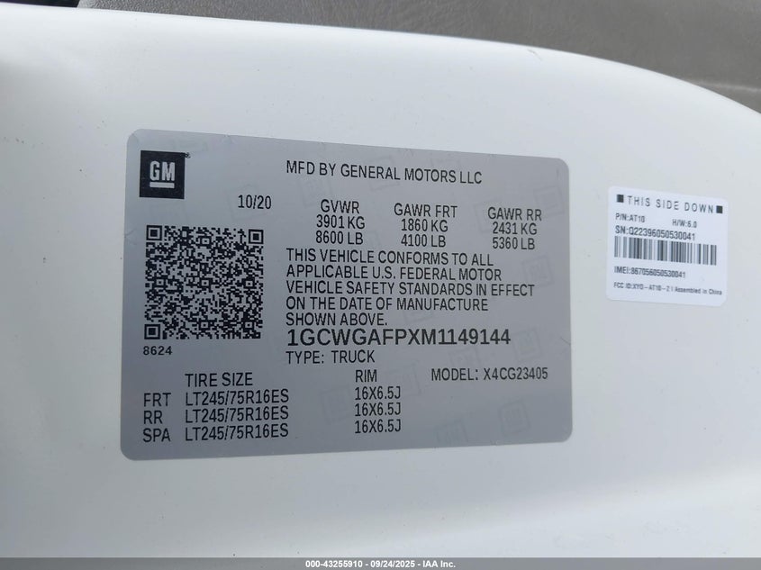 2021 Chevrolet Express Cargo Rwd 2500 Regular Wheelbase Wt VIN: 1GCWGAFPXM1149144 Lot: 43255910