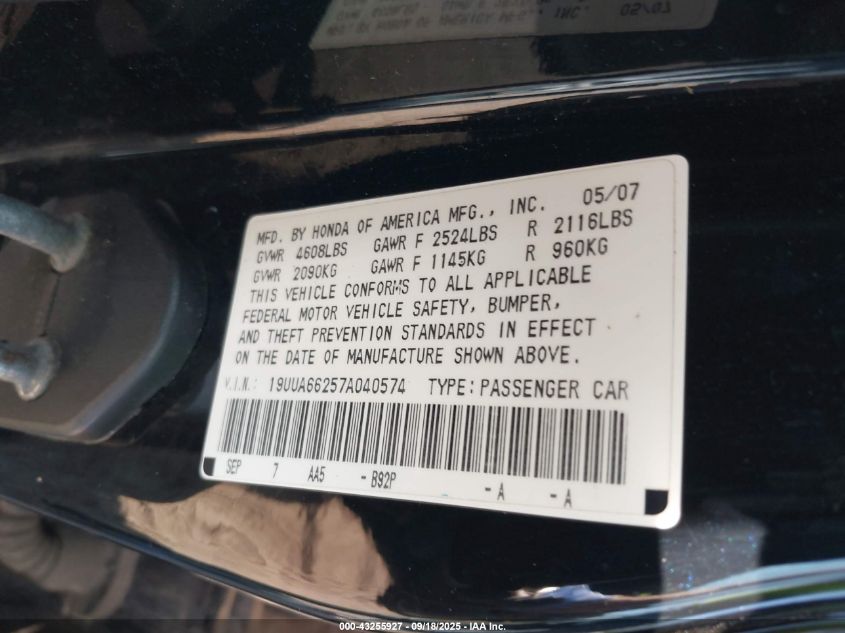 2007 Acura Tl 3.2 VIN: 19UUA66257A040574 Lot: 43255927