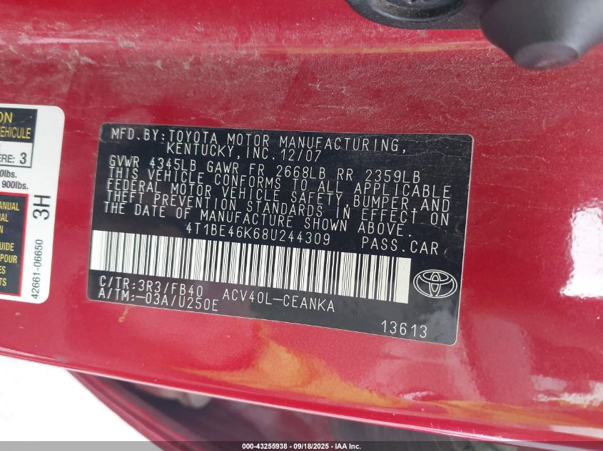 2008 Toyota Camry Le VIN: 4T1BE46K68U244309 Lot: 43255938