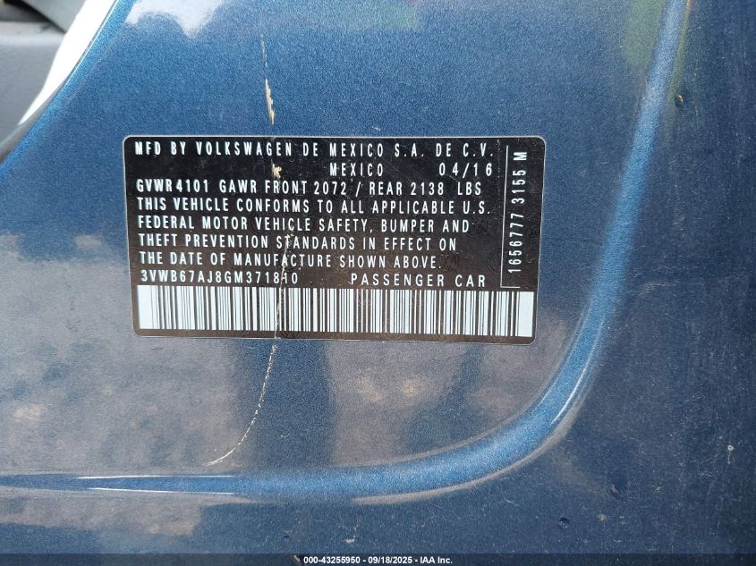 2016 Volkswagen Jetta 1.4T Se VIN: 3VWB67AJ8GM371810 Lot: 43255950