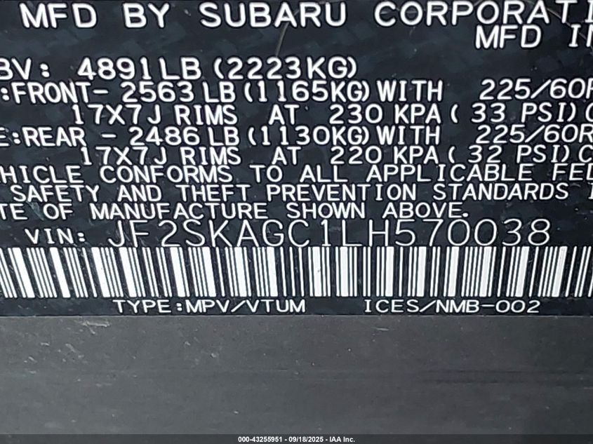 2020 Subaru Forester Premium VIN: JF2SKAGC1LH570038 Lot: 43255951