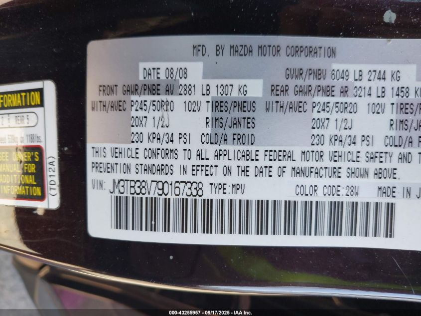 2009 Mazda Cx-9 Grand Touring VIN: JM3TB38V790167338 Lot: 43255957