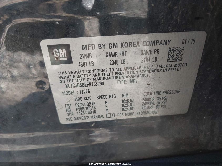 2015 Chevrolet Trax Lt VIN: KL7CJRSB2FB135794 Lot: 43255972