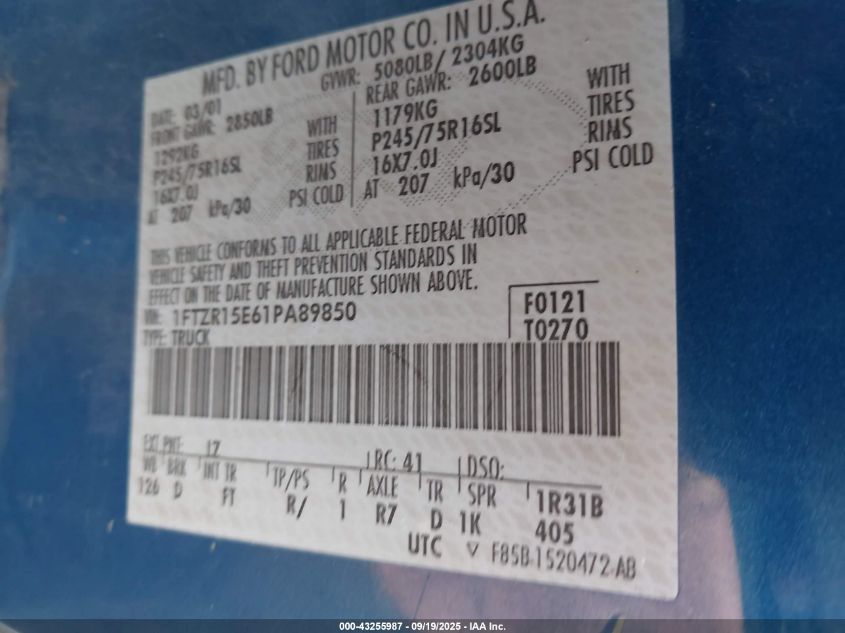 2001 Ford Ranger Edge/Xlt VIN: 1FTZR15E61PA89850 Lot: 43255987