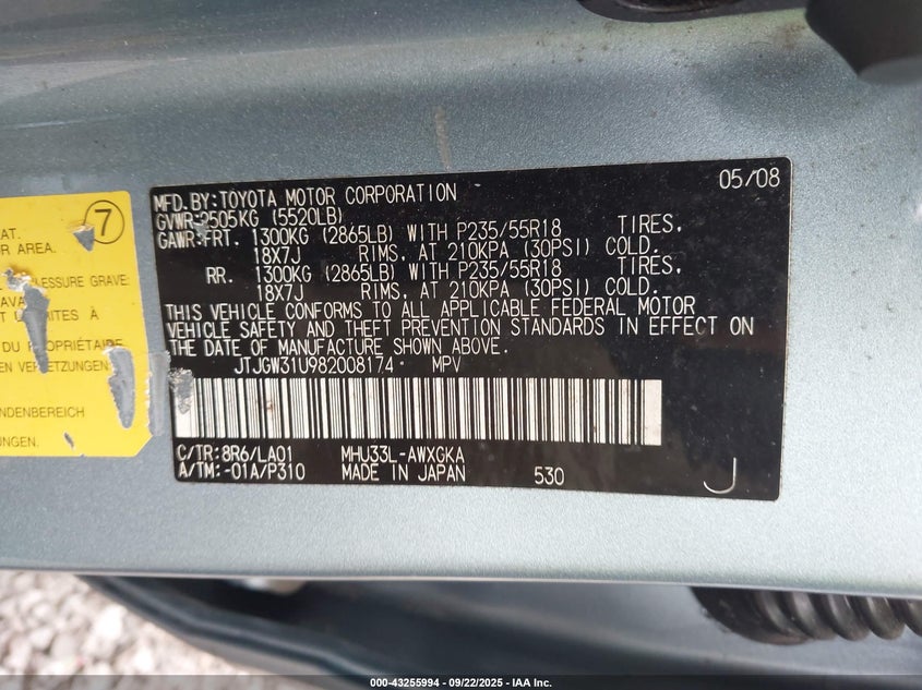 2008 Lexus Rx 400H VIN: JTJGW31U982008174 Lot: 43255994