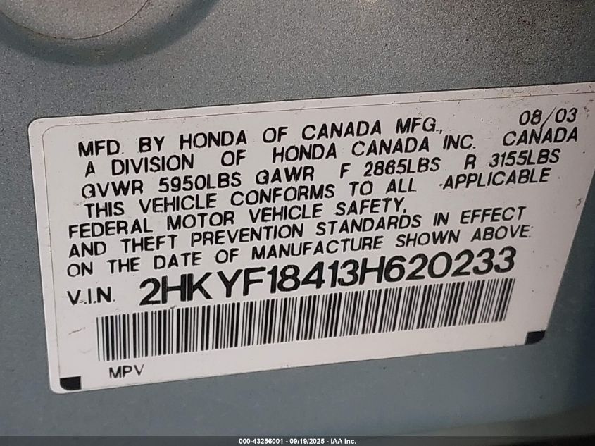 2003 Honda Pilot Ex VIN: 2HKYF18413H620233 Lot: 43256001