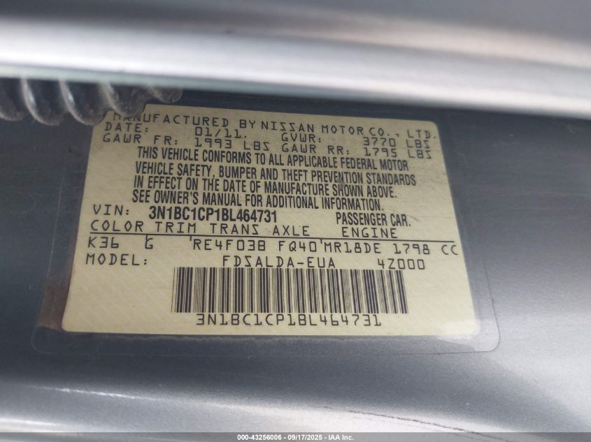 2011 Nissan Versa 1.8S VIN: 3N1BC1CP1BL464731 Lot: 43256006