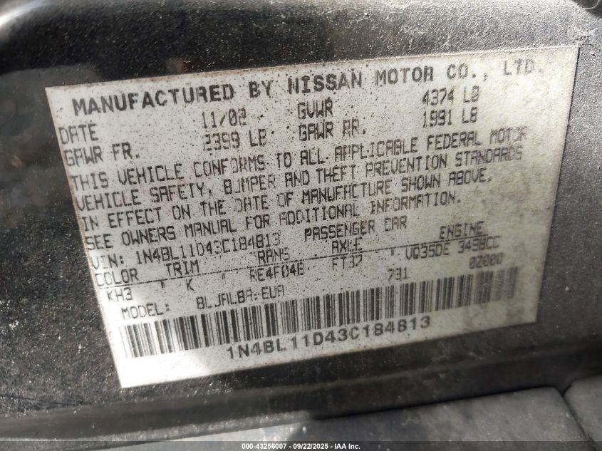 2003 Nissan Altima 3.5 Se VIN: 1N4BL11D43C184813 Lot: 43256007