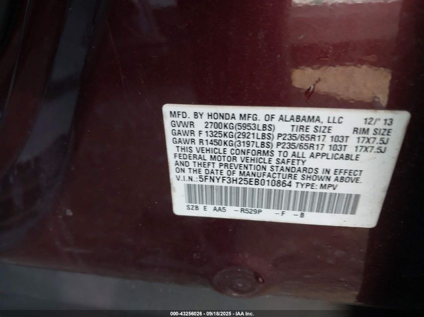 2014 Honda Pilot Lx VIN: 5FNYF3H25EB010864 Lot: 43256026