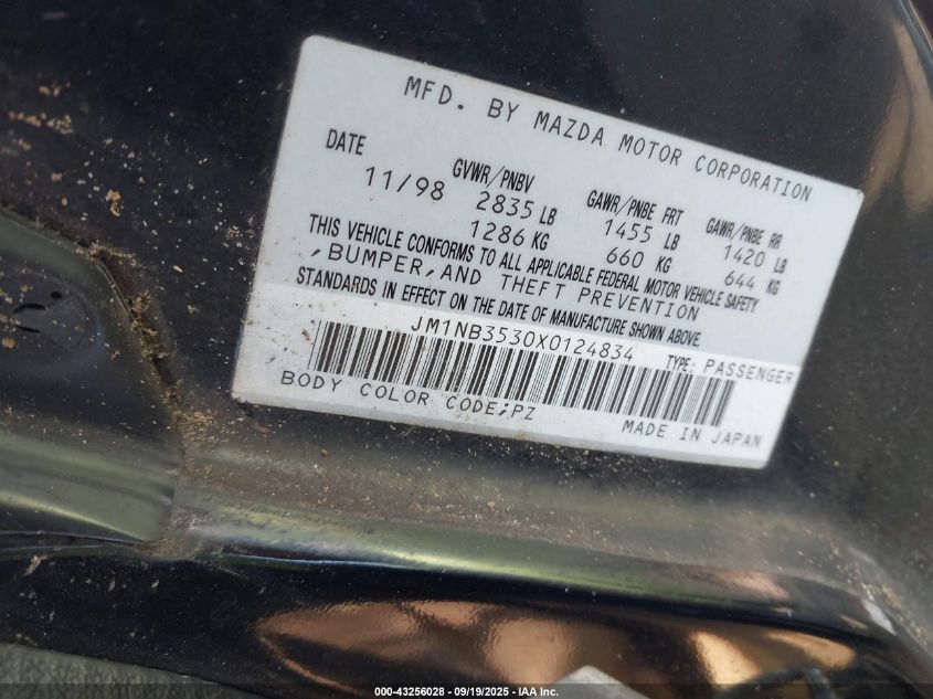 1999 Mazda Mx-5 Miata Leather Pkg/Popular Equipment Pkg/Sports Pkg/Touring Pkg VIN: JM1NB3530X0124834 Lot: 43256028
