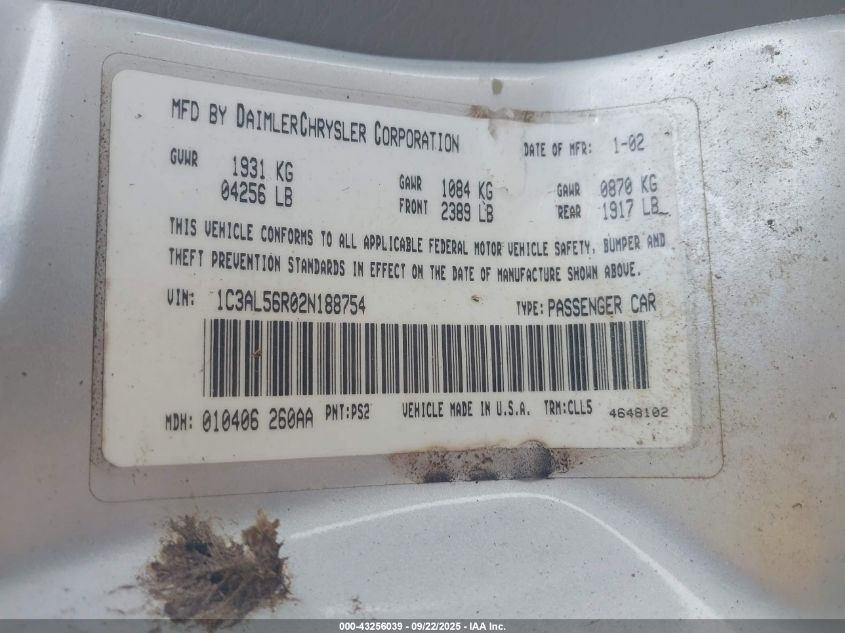 2002 Chrysler Sebring Lxi VIN: 4C3AG52H72E128440 Lot: 43256039