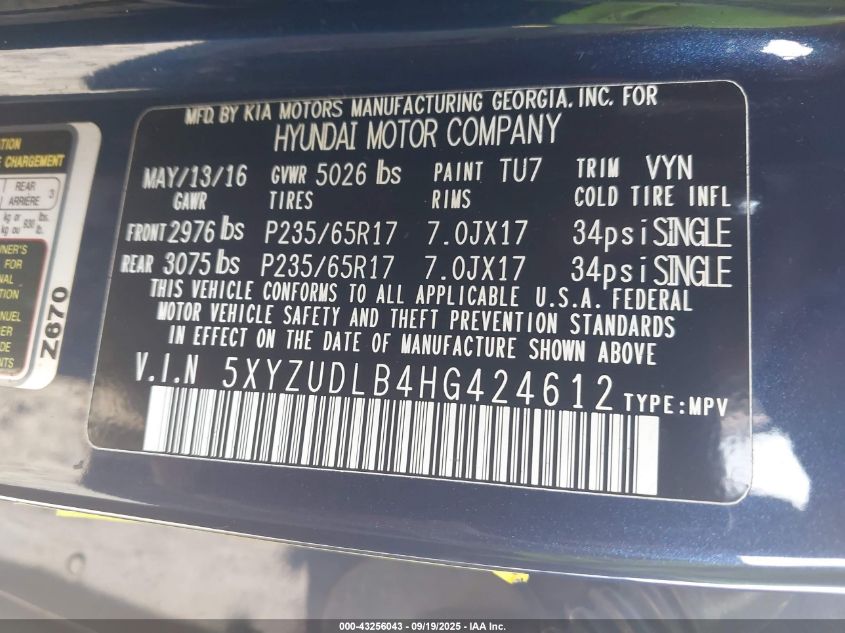 2017 Hyundai Santa Fe Sport 2.4L VIN: 5XYZUDLB4HG424612 Lot: 43256043