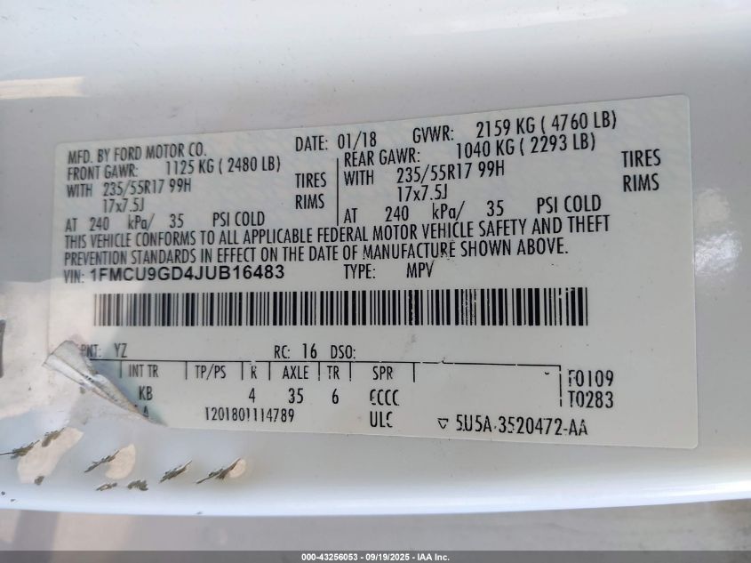 2018 Ford Escape Se VIN: 1FMCU9GD4JUB16483 Lot: 43256053