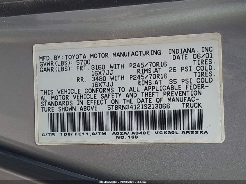 2001 Toyota Tundra Sr5 VIN: 5TBRN34121S213066 Lot: 43256060
