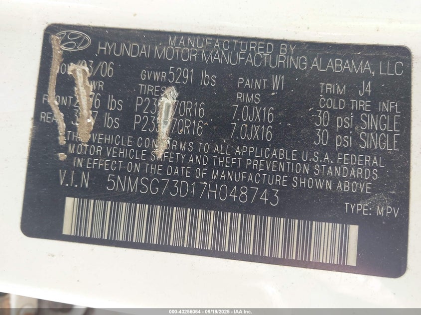 2007 Hyundai Santa Fe Gls VIN: 5NMSG73D17H048743 Lot: 43256064