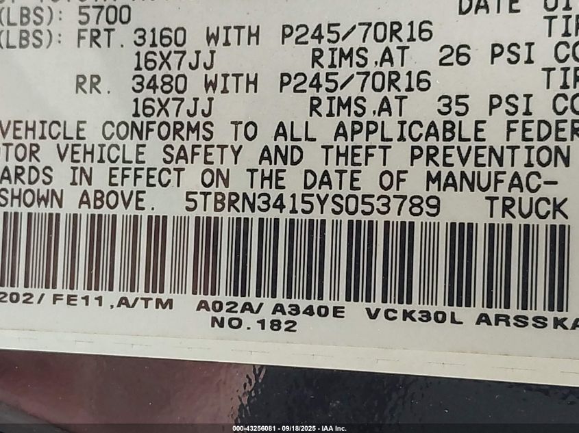 2000 Toyota Tundra Sr5 VIN: 5TBRN3415YS053789 Lot: 43256081