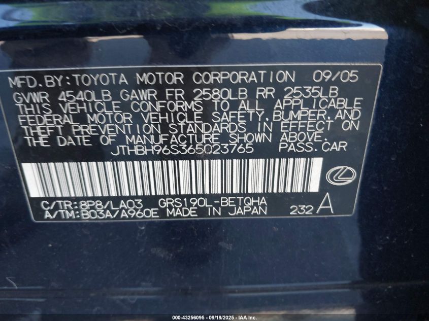 2006 Lexus Gs 300 VIN: JTHBH96S365023765 Lot: 43256095