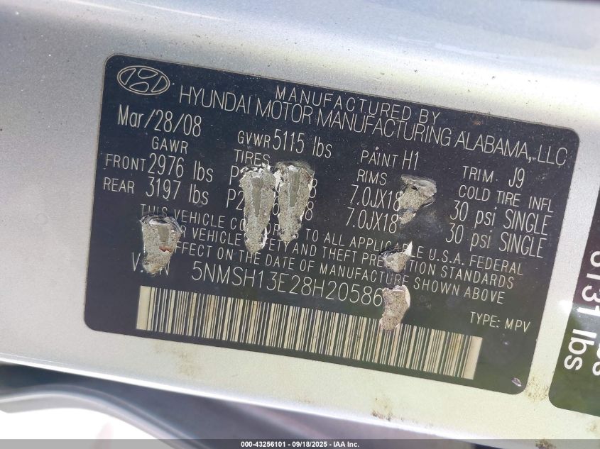 2008 Hyundai Santa Fe Limited/Se VIN: 5NMSH13E28H205863 Lot: 43256101
