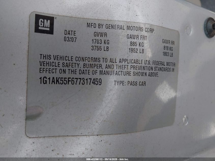 2007 Chevrolet Cobalt Ls VIN: 1G1AK55F677317459 Lot: 43256113