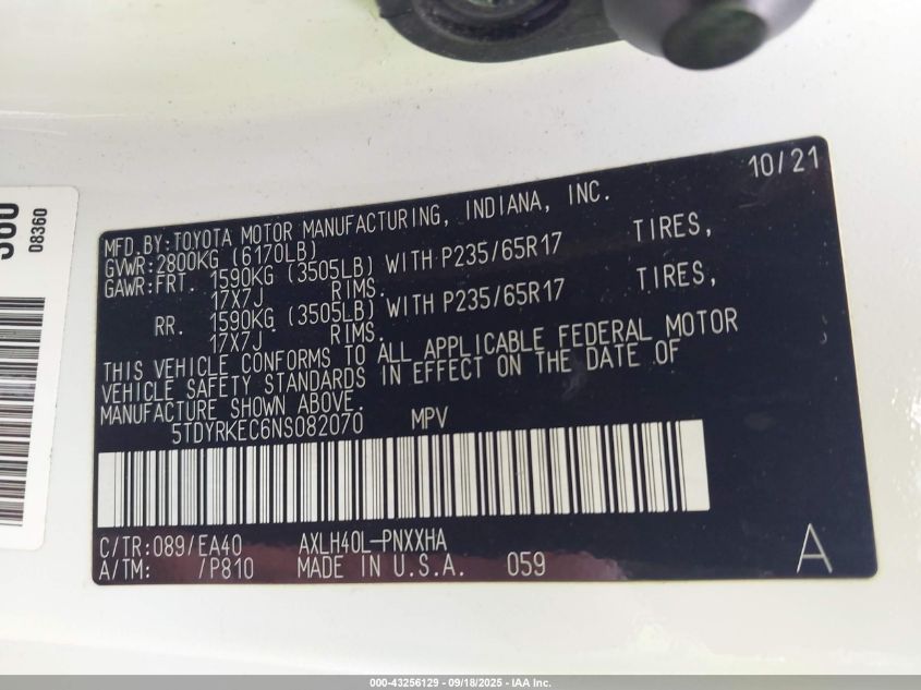 2022 Toyota Sienna Xle VIN: 5TDYRKEC6NS082070 Lot: 43256129