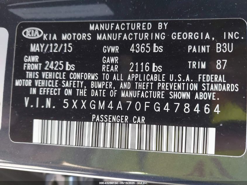 2015 Kia Optima Lx VIN: 5XXGM4A70FG478464 Lot: 43256134