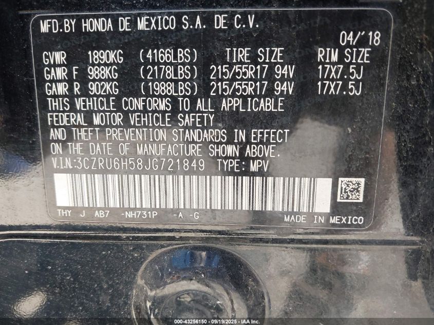 2018 Honda Hr-V Ex VIN: 3CZRU6H58JG721849 Lot: 43256150