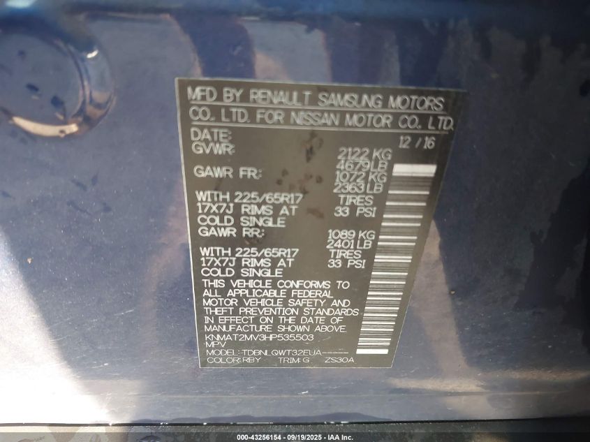 2017 Nissan Rogue Sv VIN: KNMAT2MV3HP535503 Lot: 43256154