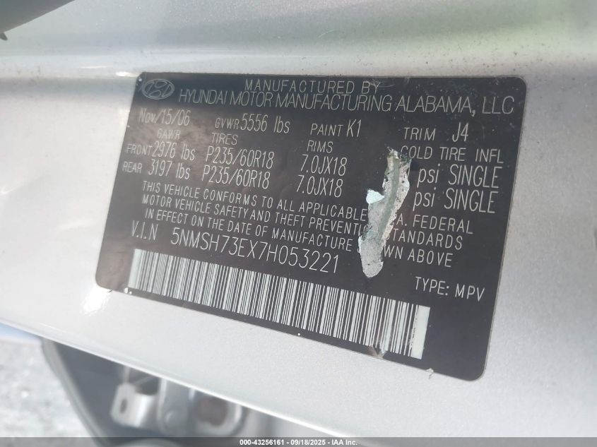 2007 Hyundai Santa Fe Limited/Se VIN: 5NMSH73EX7H053221 Lot: 43256161