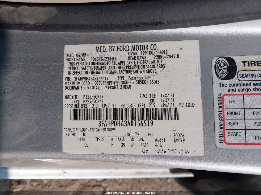 2010 Ford Fusion Se VIN: 3FAHP0HA3AR156419 Lot: 43256162