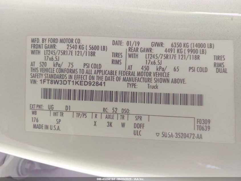 2019 Ford F-350 King Ranch VIN: 1FT8W3DT1KED92841 Lot: 43256164