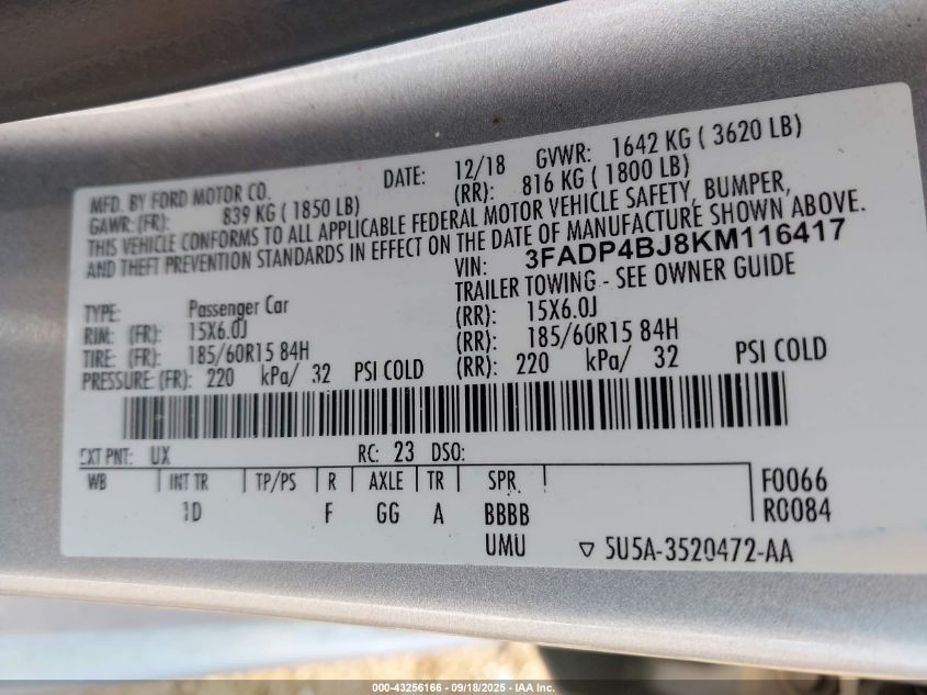 2019 Ford Fiesta Se VIN: 3FADP4BJ8KM116417 Lot: 43256166