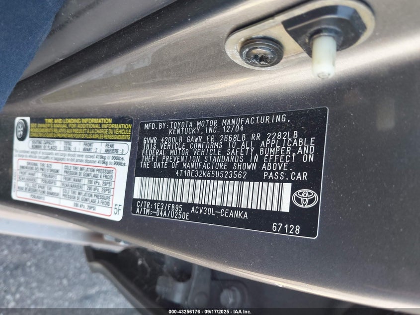 2005 Toyota Camry Le VIN: 4T1BE32K65U523562 Lot: 43256176