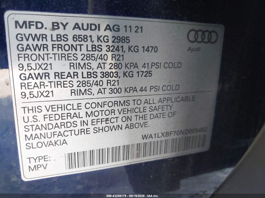 2022 Audi Q7 Premium Plus 55 Tfsi Quattro Tiptronic VIN: WA1LXBF70ND005492 Lot: 43256179