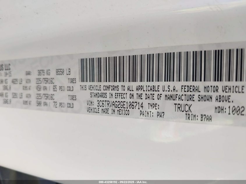 2016 RAM PROMASTER 1500 LOW ROOF - 3C6TRVAG2GE106714