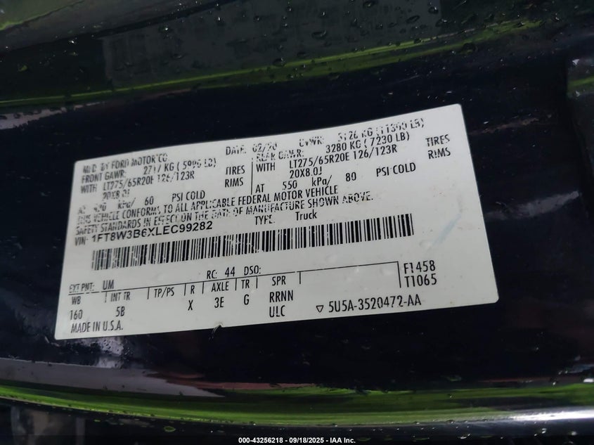 2020 Ford F-350 Lariat VIN: 1FT8W3B6XLEC99282 Lot: 43256218