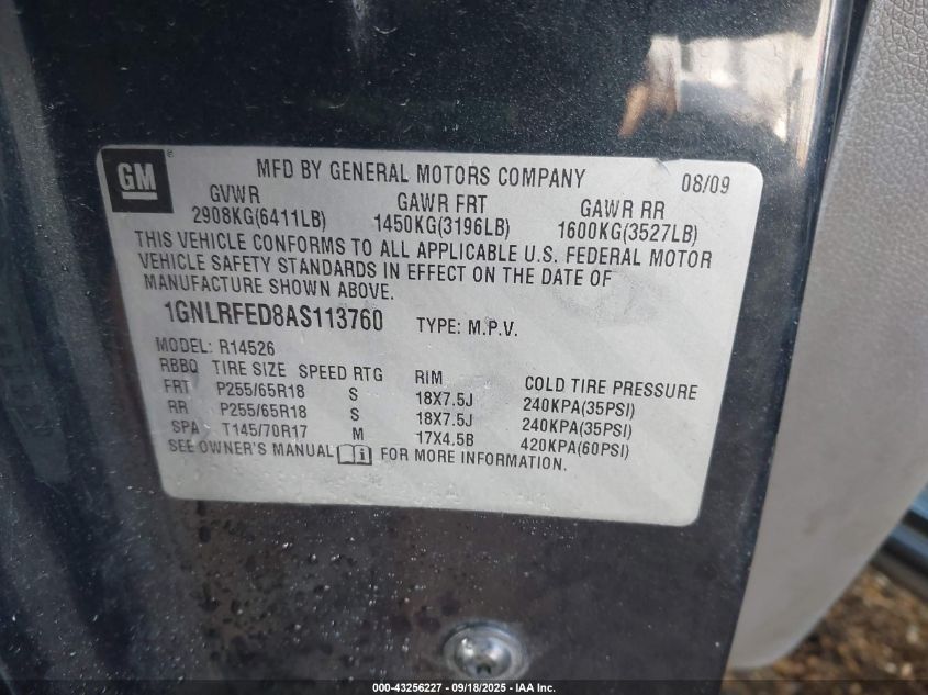 2010 Chevrolet Traverse Lt VIN: 1GNLRFED8AS113760 Lot: 43256227