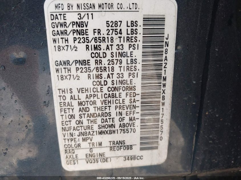 2011 Nissan Murano Sl VIN: JN8AZ1MWXBW175570 Lot: 43256229