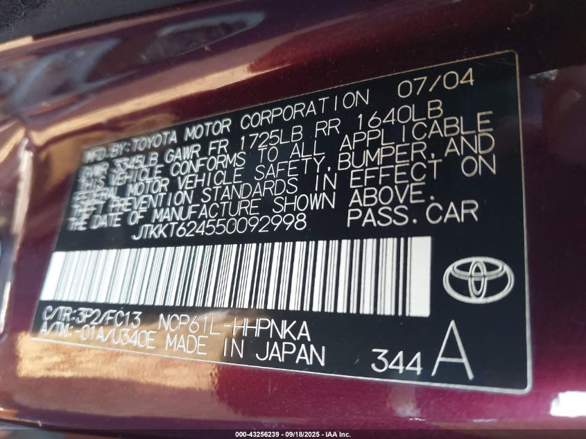 2005 Scion Xa VIN: JTKKT624550092998 Lot: 43256239