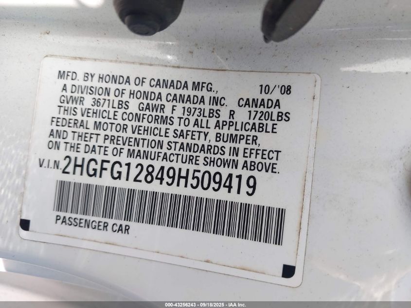 2009 Honda Civic Ex VIN: 2HGFG12849H509419 Lot: 43256243