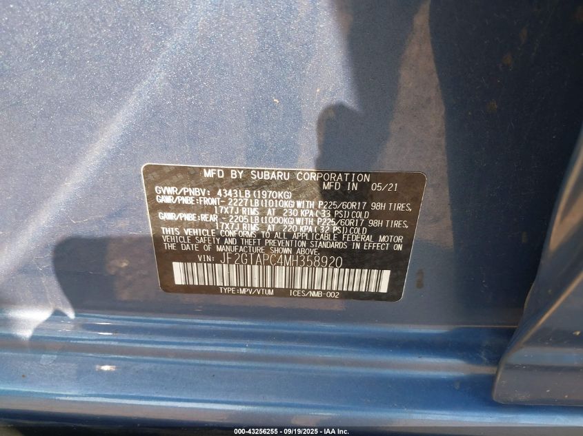 2021 Subaru Crosstrek Premium VIN: JF2GTAPC4MH358920 Lot: 43256255
