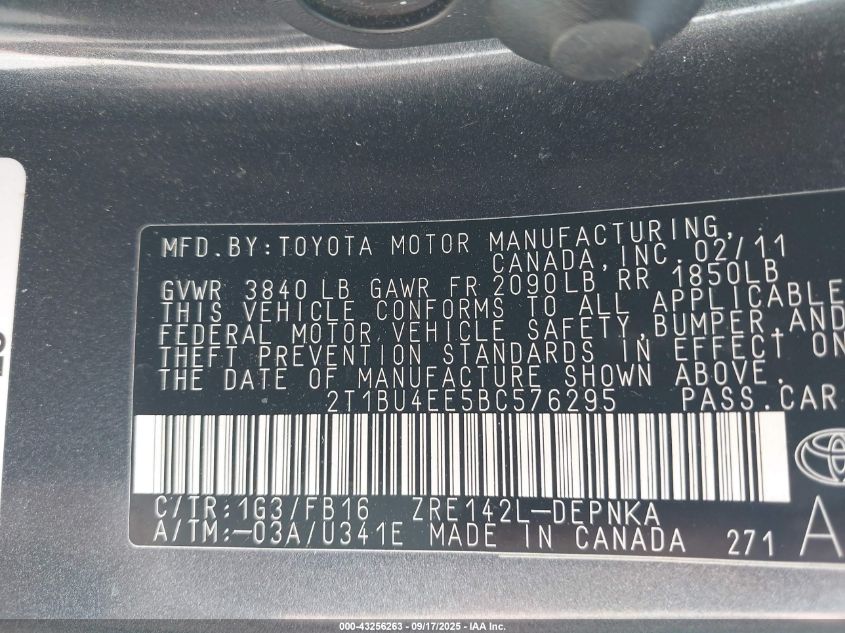 2011 Toyota Corolla Le VIN: 2T1BU4EE5BC576295 Lot: 43256263