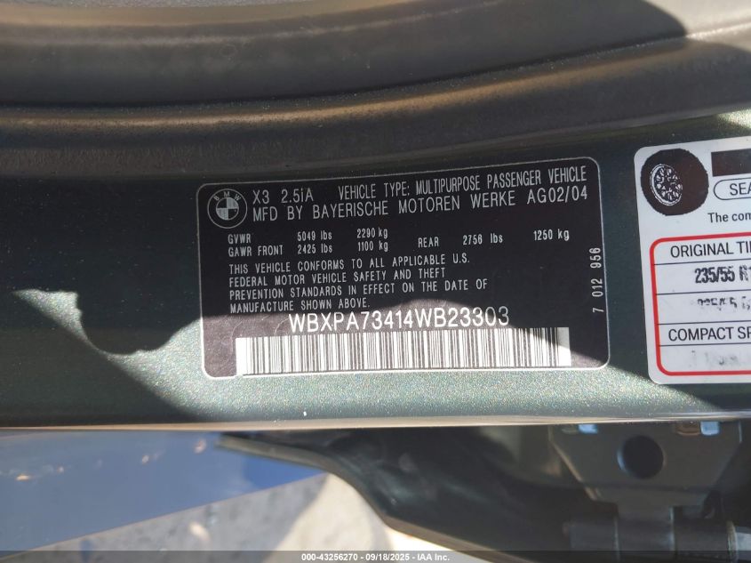 2004 BMW X3 2.5I VIN: WBXPA73414WB23303 Lot: 43256270