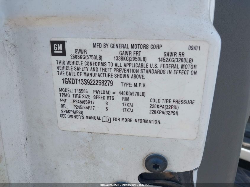 2002 GMC Envoy Slt VIN: 1GKDT13S922258279 Lot: 43256278