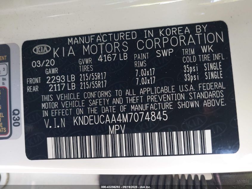 2021 Kia Seltos S VIN: KNDEUCAA4M7074845 Lot: 43256292