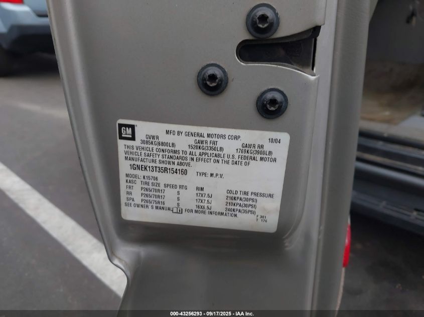 2005 Chevrolet Tahoe Z71 VIN: 1GNEK13T35R154160 Lot: 43256293