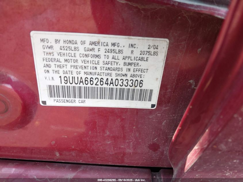 2004 Acura Tl VIN: 19UUA66264A033306 Lot: 43256295