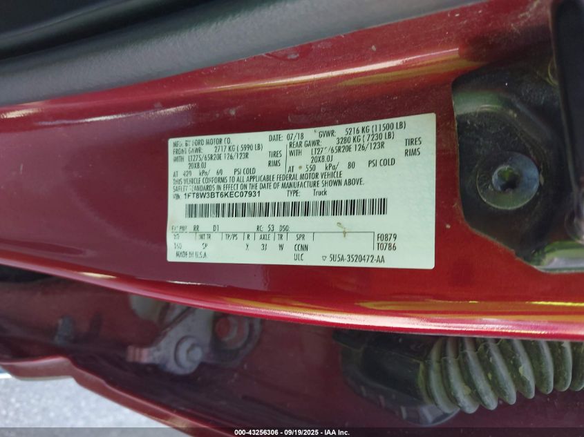 2019 Ford F350 Super Duty VIN: 1FT8W3BT6KEC07931 Lot: 43256306