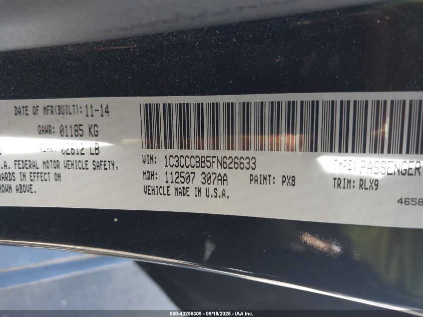 2015 Chrysler 200 S VIN: 1C3CCCBB5FN626633 Lot: 43256309